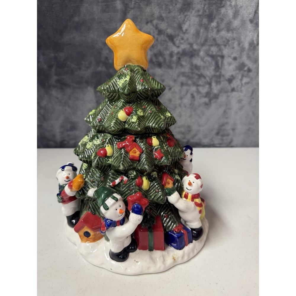VTG 1990s Home Trends Christmas Tree Cookie Jar Ceramic Snowman Bird Cottagecore